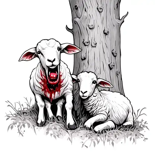 Furoious Lambs With Bloody Mouth Eating In Front Of Oak Tree