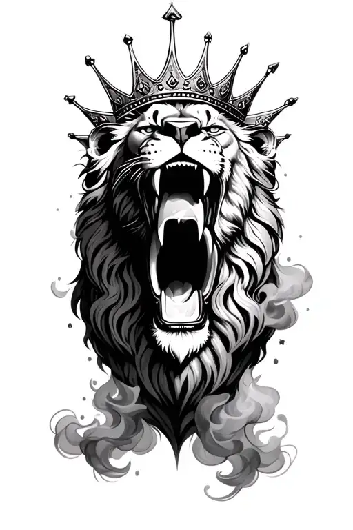 Lion Mouth Open Crown Surrounded By Smoke Rising Sun