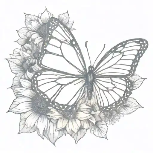 A Delicate Outline Of A Butterfly And A Sunflower Intertwining Together