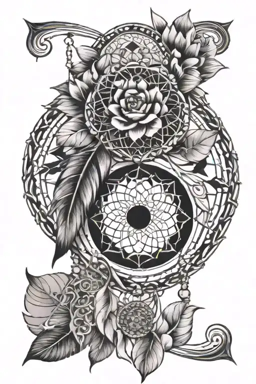 Dream Catcher Under Lotus Flower And Feathers