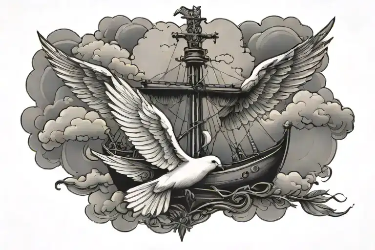 Cristian Cross With Dove And Clouds With A Portuguese Navy Boat In The Background
