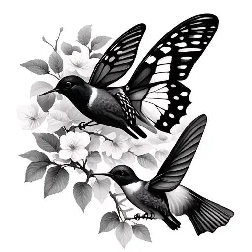 Butterfly And Hummingbird In Pear Tree