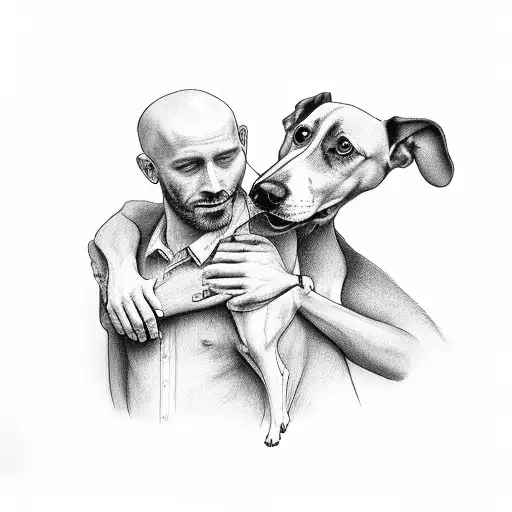 Man And Dog Holding Hands Seeing The Nature