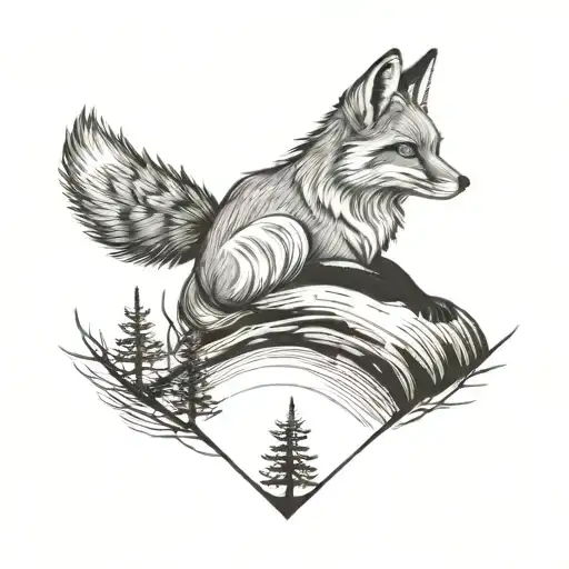 Fox Sitting With Pine Forest