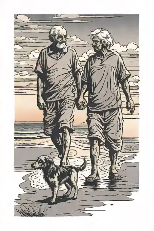 Old Couple Walking Small Dog Beach Sunset Sky
