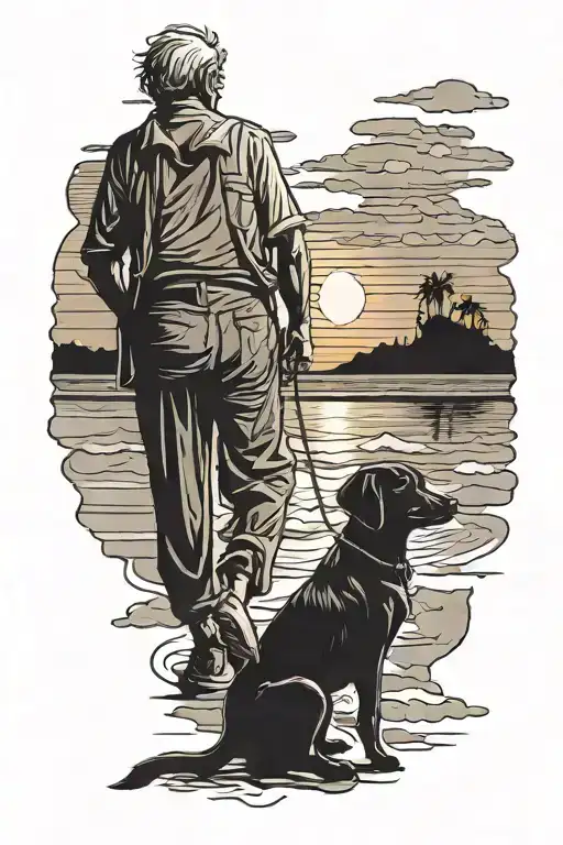 Old Couple Silhouettes With Small Dog Beach Sunset