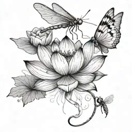 Lotus And Dragonfly Hovering