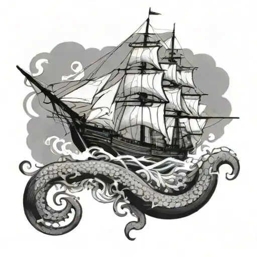 Tall Sailing Ship With Kraken Emerging From The Depths