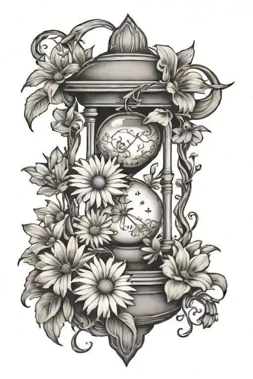 Daisies And Sweet Peas Intertwined With Moon And Hourglass