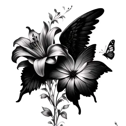 One Side Angel Wing And One Side Lily Flower Angel Wing With Butterfly