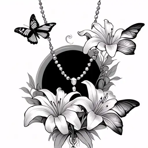 A Shoulder Tatto With Lilys And Butterflies With Rosary Bead Necklace Goo N Down
