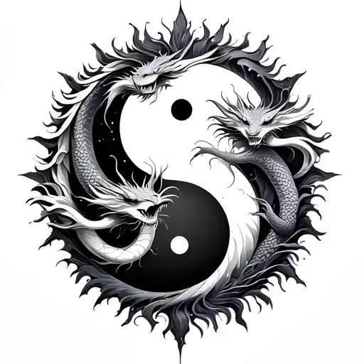 Ying Yang With Dragons Flying Towards The Sun