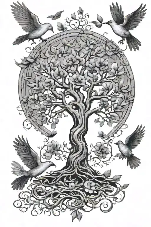 Tree Of Life With 3 Birds And 2 Doves Flying Away