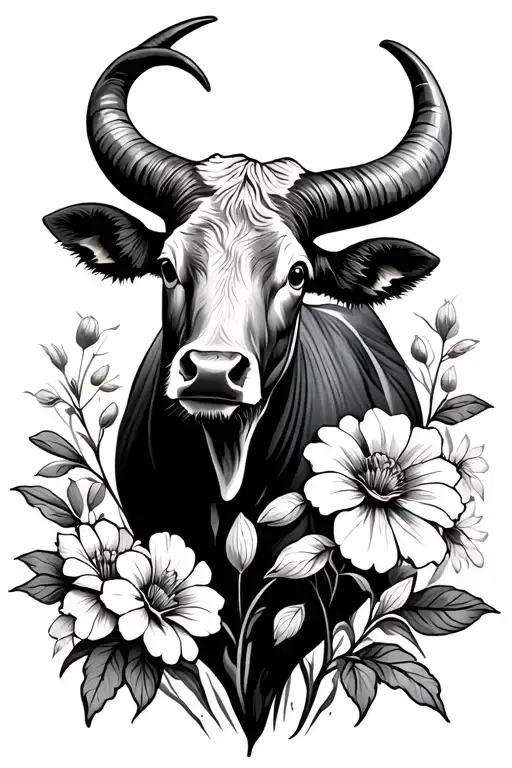Country Flowers Blooming Long Horn Cow