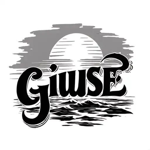 Write Giuse In Corsive With A Sunset On Top All In A Grey Background