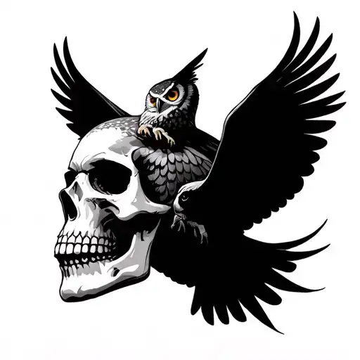 Skull With Owls Flying Around It