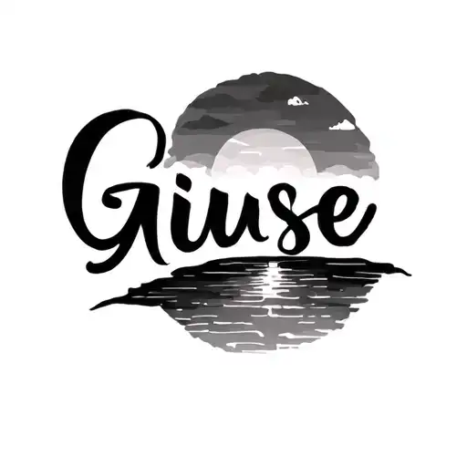 Write Giuse In Cursive With A Sunset On Top All In A Grey Background