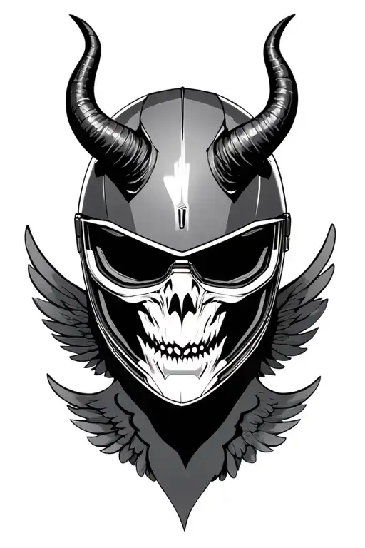 Face Motorcycle Helmet With Demon Horns On Top And Wings Of Behind That Goes Up