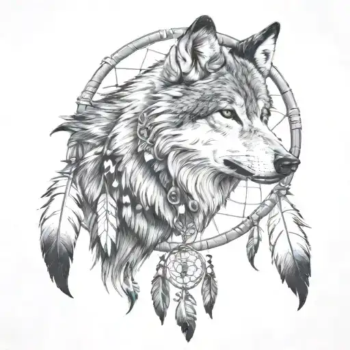A Realistic Portrait Of A Wolf With A Dreamcatcher Hanging From Its Mouth