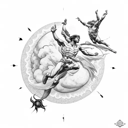 An Intricate Tattoo Of Dedalus And Icarus Flying Towards The Sun