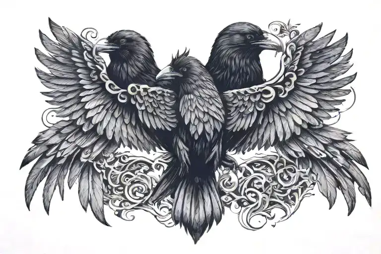 An Image Of A Single Raven That Has Two-heads On One Body With Its Wings Spread Open