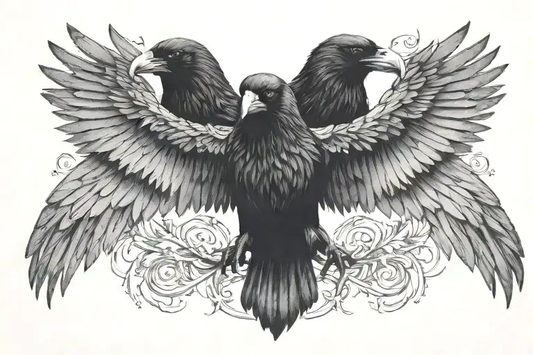 An Image Of A Single Raven That Has Two-heads On One Body With Its Wings Spread Open