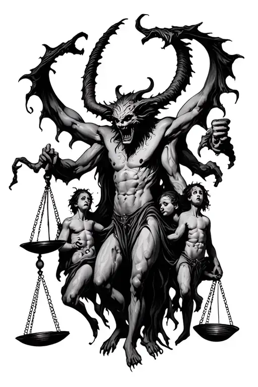 Demon Holding Scales In One Hand And 7 Tortured Souls Near The Other Black Out Style Negative Space