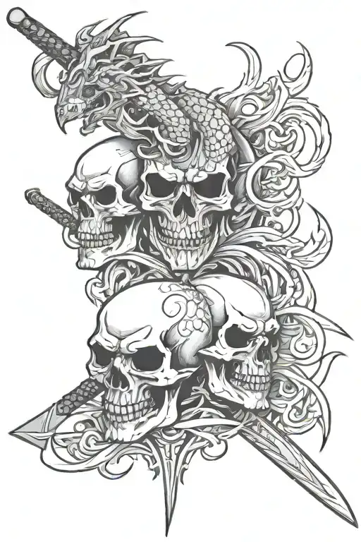 Japanese Skulls With Sword And Dragon