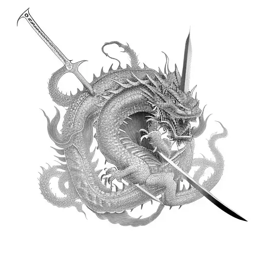 A Sumurai Holding A Sword While Being Surrounded By A Japanes Dragon With A Demon Face