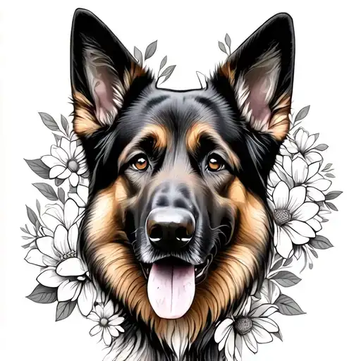 German Shepherd Dog With Flowers