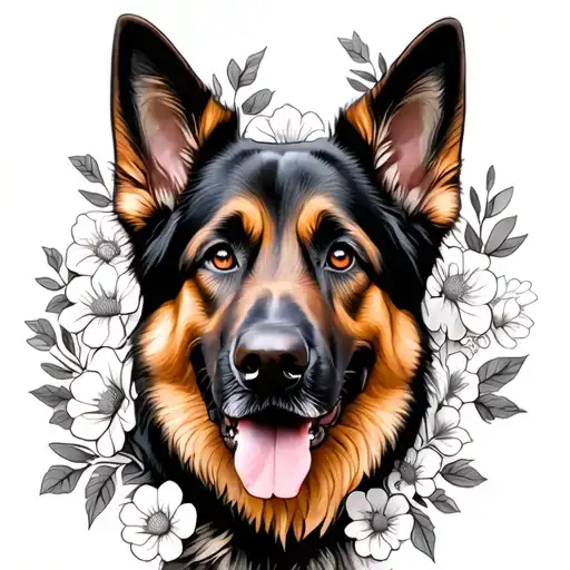 German Shepherd Dog With Flowers Intertwined