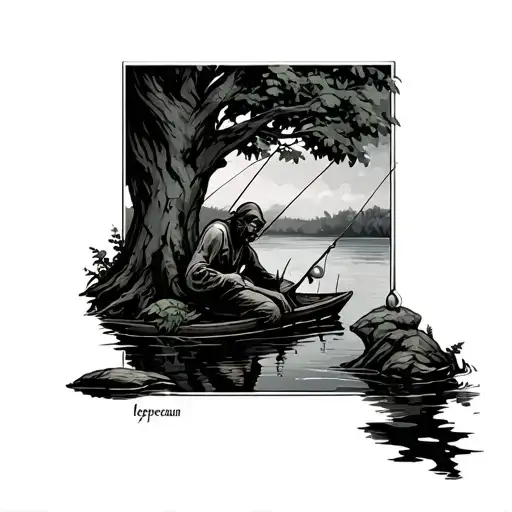 Lepercaun Fishing Sleeping Under A Tree By A Pond