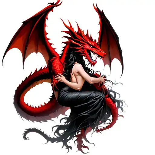 A Powerful Red Dragon With Wings Wrapped Around A Beautiful Dark Haired Woman In A Protective Stance