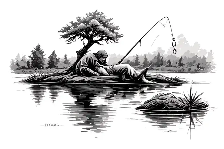 Lepercaun Fishing Sleeping Under A Tree By A Pond