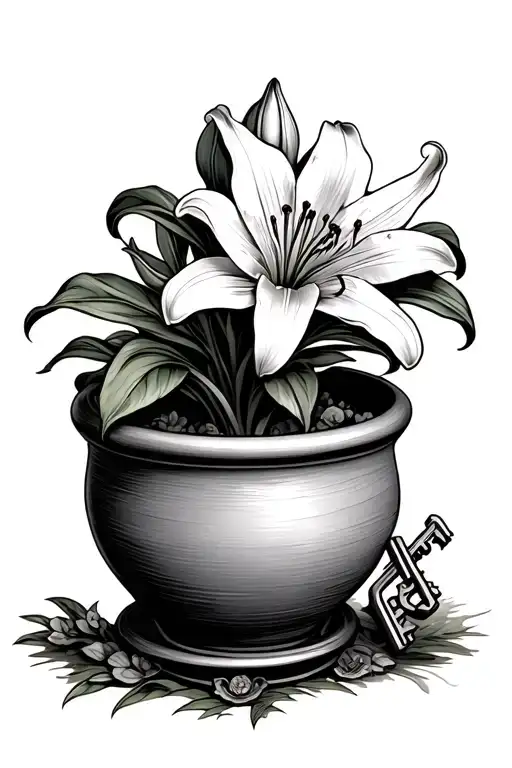 Antique Key In A Flower Pot With Lily Flower Blooming