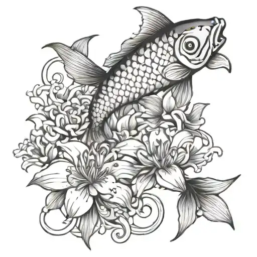 Lycoris Flower And Koi Fish