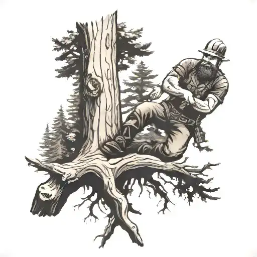 A Black-grey Tattoo Of A Lumberjack Chopping Down A Massive Tree In A Dense Forest