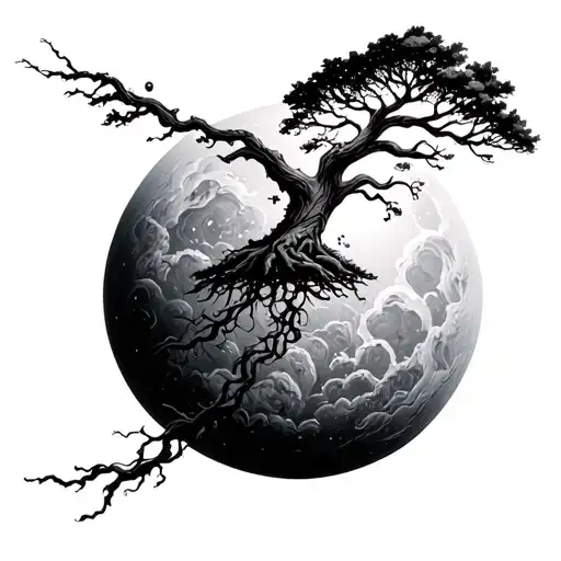 Floating Tree In Space With Giant Sun In Background