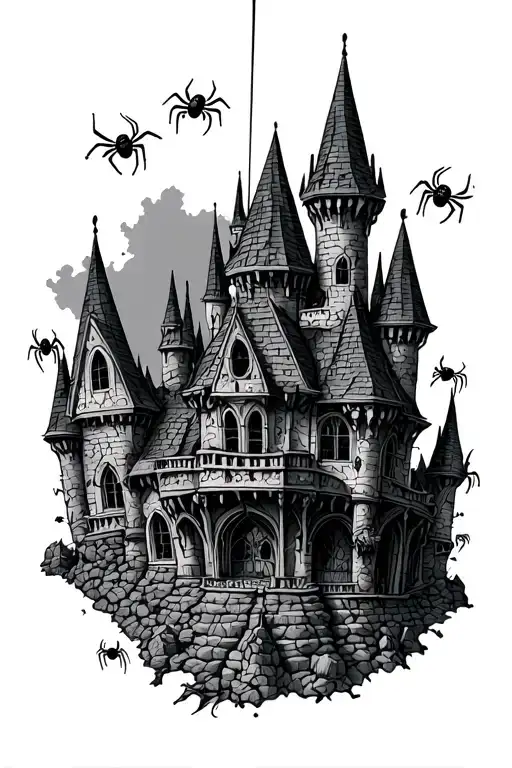 Small Black Widow Spiders Crawling On An Antique Castle
