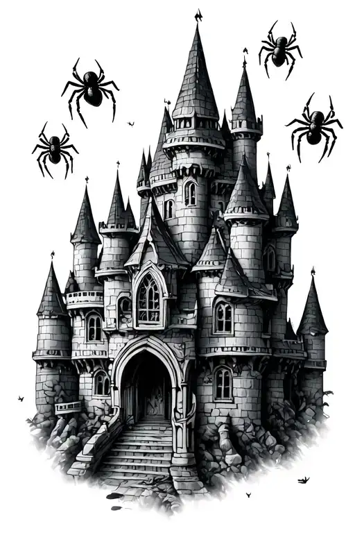 Small Black Widow Spiders Crawling On An Antique Castle