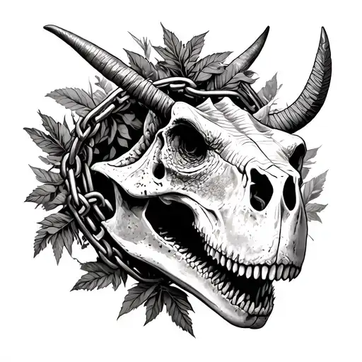 Triceratops Skull Trapped In Chains With Foliage