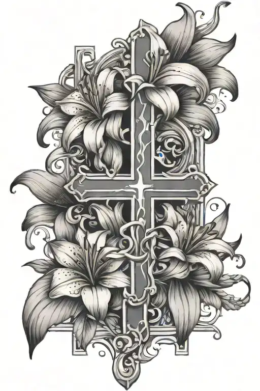 Christian Cross With Lilium Flowers Growing