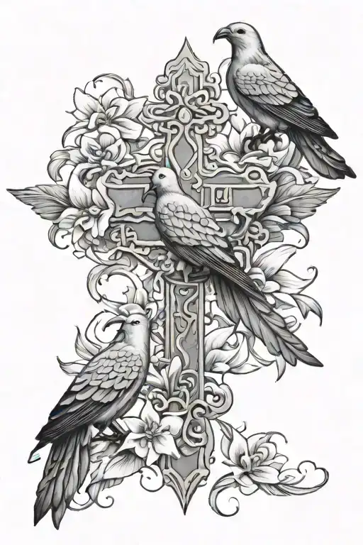 Cross With Lilium Flowers With Dove And Raven Perched