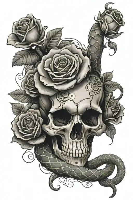 Skull With Roses And Snake Wrapped