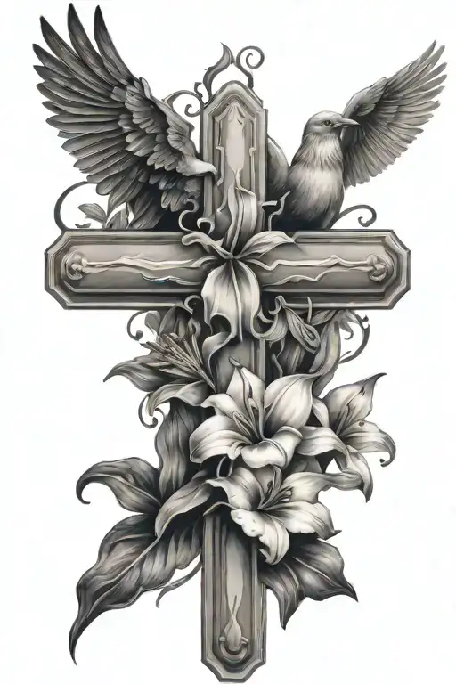Cross With Lilium Flowers With Dove And Raven Perched