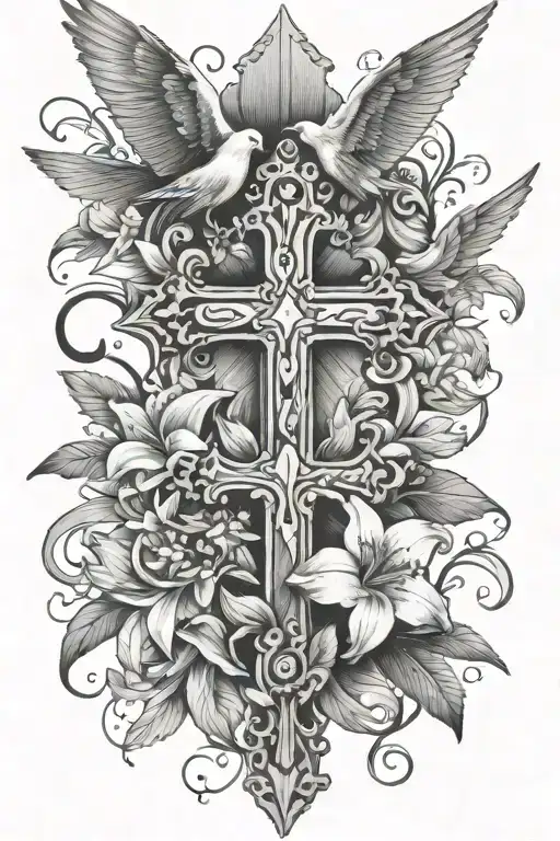 Cross With Lilium Flowers With Dove And Raven Perched