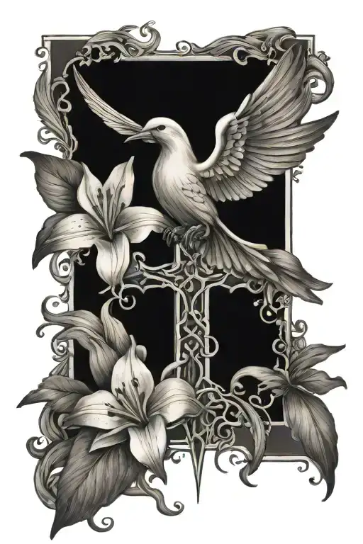 Cross With Lilium Flowers With Dove And Raven Perched