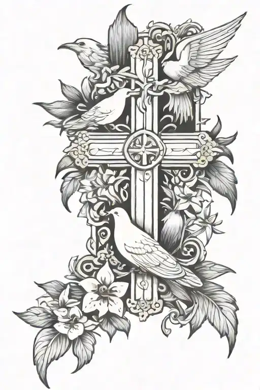Cross With Lilium Flowers With Dove And Raven Perched