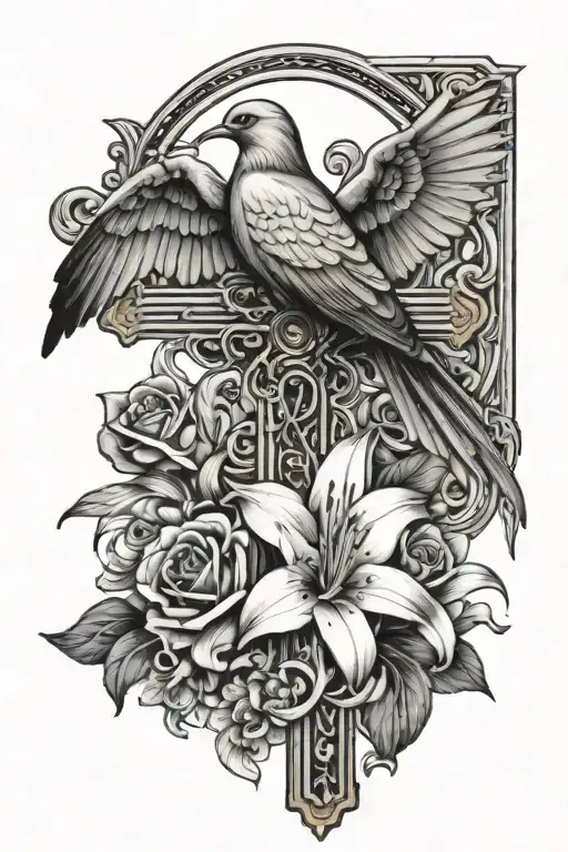 Cross With Lilium Flowers With Dove And Raven Perched On Top