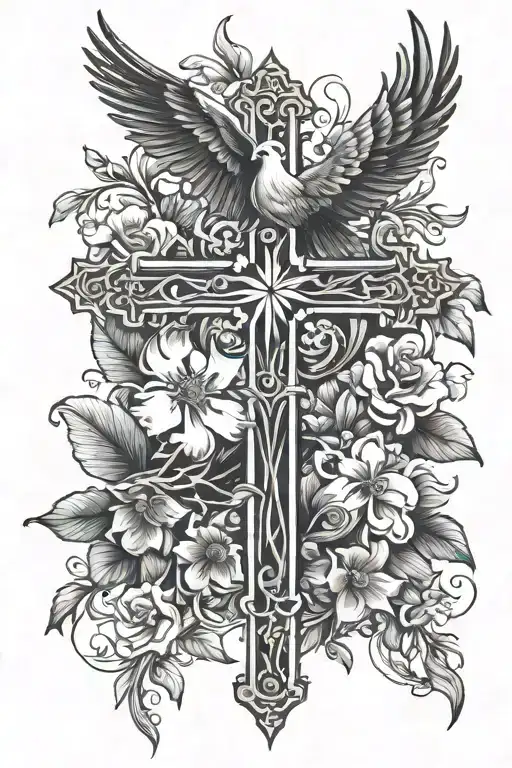 Christian Cross With Lilum Flowers And Dove And Raven Perched